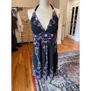 Snap Womens Purple Paisley Floral Halter Mini Dress Black V-Neck Size L